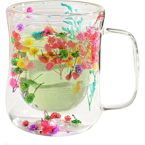 Double Wall Espresso Cups, Flower Glass Tea Cups, Dried Flower Glass Mug  Heat Resistant Glass Mug, Double Walled Glass Mug with Dried Flower Design, Heat Resistant for Hot and Cold Drinks (1/5)