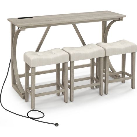 COSTWAY 4-Piece Bar Table Set Counter Height Bistro Table w/Power Outlet-Grey