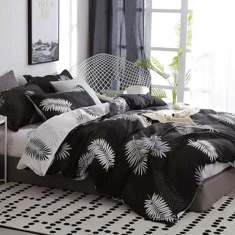 Housse de Couette 220x240 Taies d'oreiller 65x65 cm Motif Feuilles Noir (1/5)