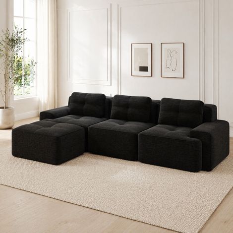 Sofá modular en L de pana aterciopelada negra con otomana OKWISH (1/5)