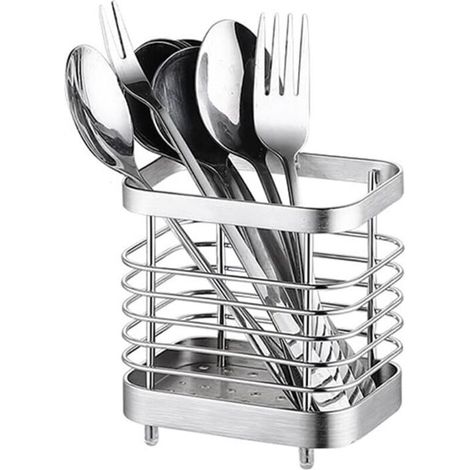 Support à ustensiles de cuisine en acier inoxydable, panier à couverts mural avec base amovible pour couteaux, fourchettes, cuillères, support de rangement pour couverts (petit format argenté) (1/5)