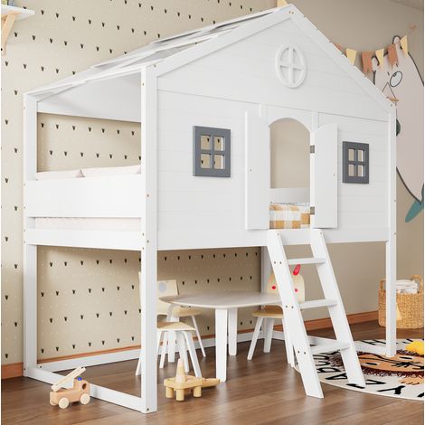 MEUBLIV Hochbett 90x200 cm Weiß – mit Treppe, Fallschutz und Fenster, ohne Matratze (1/5)