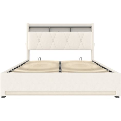 Letto contenitore imbottito 160 x 200 cm con LED, USB-C, spazio contenitore, beige, HOMVRA (1/5)