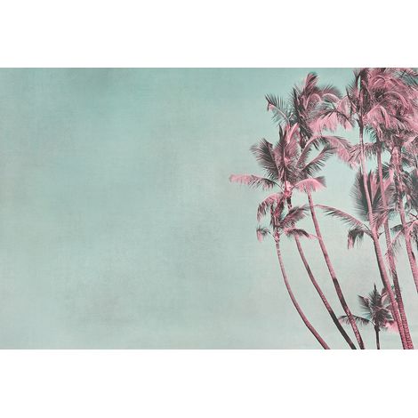 Papier peint panoramique palmier rétro pour salon Tapisserie panoramique vintage rose & bleu Papier peint panoramique tropical pastel (1/2)