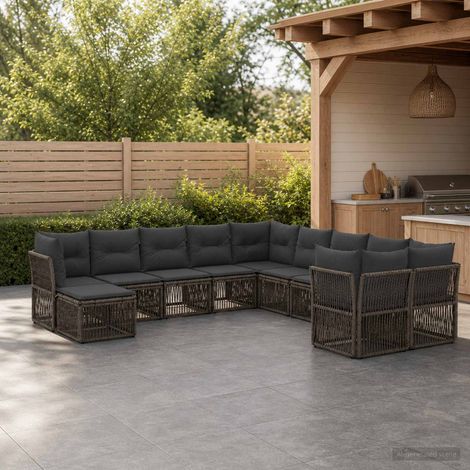 Salon de jardin modulable 11 places en polyrotin gris avec coussins, 84.5kg - PANGIVO (1/5)