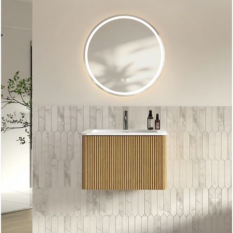 Mobile bagno sospeso 60 cm con lavabo, cassetto e specchio LED rotondo effetto rovere (1/5)