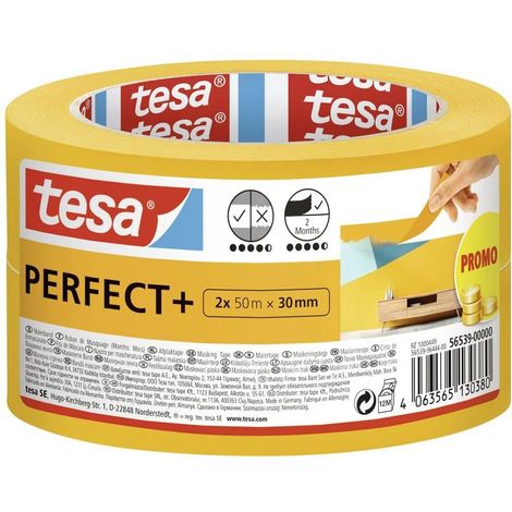Tesa Perfect+ Cinta de Enmascarar Amarilla 100 m x 3 cm 2 piezas