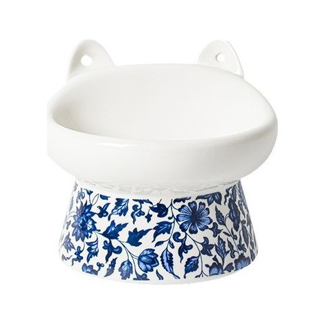 Gamelle en Céramique pour Chat, Surélevée, Large et Peu Profonde à Gamelle Inclinée avec Support, Bol Chat Anti-Vomissement Idéal, Motif Bleu et Blanc (1/5)