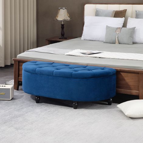 Pouf contenitore 2 in 1 - Pouf semicircolare trapuntato - Gambe in legno di Hevea nero con rivestimento in velluto blu