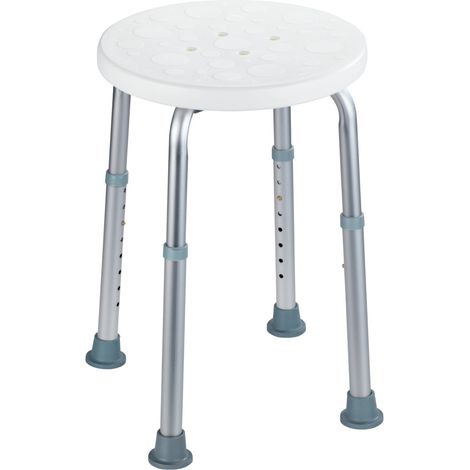 Tabouret de douche Secura WENKO, Assise 120kg, Réglable en hauteur, Assise et pieds antidérapants, 45,5 x 39,5-57,5 x 45,5 cm, Argent et blanc (1/7)