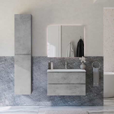BERNSTEIN - Ensemble meuble vasque 80x46x50cm + Armoire Colonne 35x35x170cm & Miroir carré LED dimmable 80x70cm (LxH) - Gris béton - AVA (1/5)