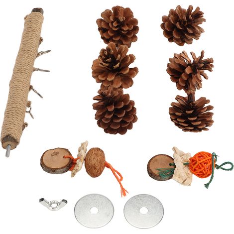 Perchoir en bois tressé avec des pommes de pin, des boules de rotin et de la corde de chanvre, idéal pour les petits oiseaux comme les perruches ondulées et les calopsittes. (1/5)