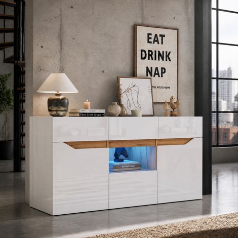 Aparador de salón (140x40x70 cm), con 4 cajones, 2 armarios, iluminación LED, tablero de partículas, blanco y madera natural (1/5)