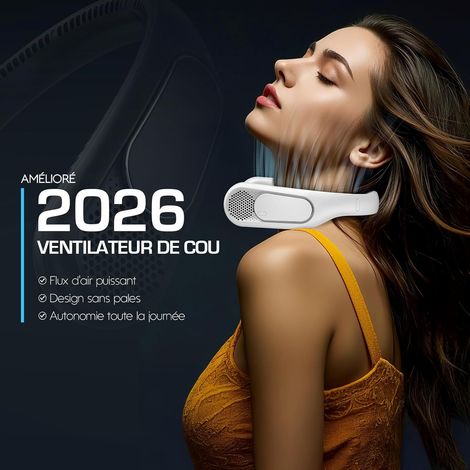 Ventilateur de Cou,3 Vitesses, Rechargeable USB, Longue Autonomie, Fonctionnement silencieux, pour Voyage, Bureau Extérieur,blanc (1/4)