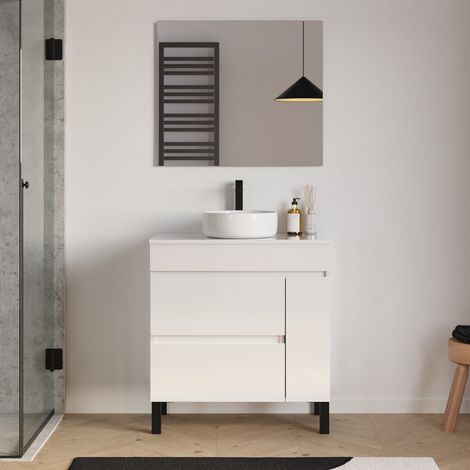 Meuble de salle de bain 70cm avec plateau et vasque à poser ronde - porte et tiroirs - blanc brillant - LAZARO (1/5)