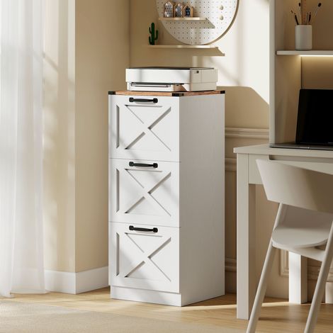 Caisson Bureau 3 Tiroirs, Dossiers Suspendus Lettre/A4, Style Rustique, 40x40x101 cm, Blanc (1/5)