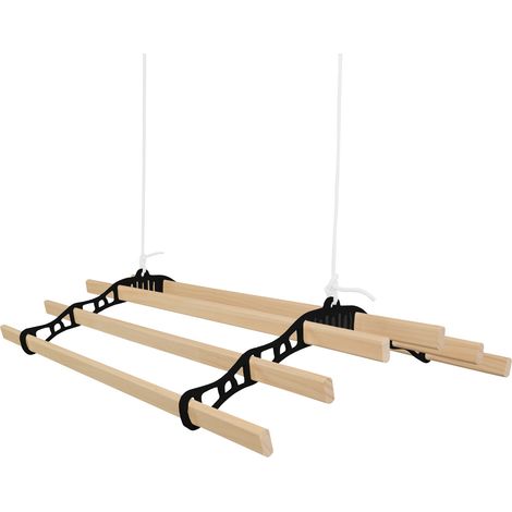 Tendedero de Techo con Sistema de Poleas en NEGROy 6 Listones de Madera 0.9m Capacidad de peso de 30 kg Kit Fijación GRATIS Tendedero Colgante Secadora Estructura p/ Colgar Secar Ropa Colgador
