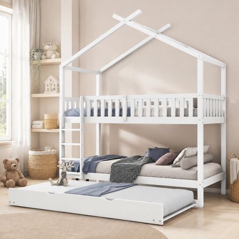 DESMIU Lit superposé enfant 90 × 200 cm convertible en 3 lits, avec lit gigogne, sans matelas, en bois massif, blanc (1/5)