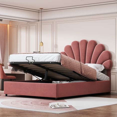 Modernluxe – Lit coffre rembourré en velours 140x200cm – Tête de lit fleur – Sommier à lattes – Rangement 28cm – Charge 250kg – Assemblage facile (1/5)