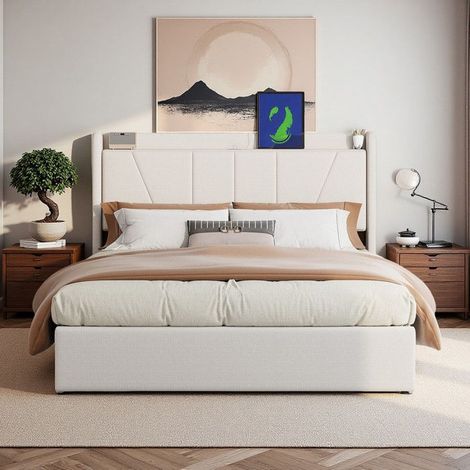 Doppelbett 140x200 cm, Bett 140x200 cm mit USB und Typ C, Bettgestell mit Stauraum 140x200 cm, Stauraum, Leinenstoff, Beige