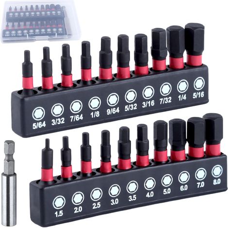 20 PCS Ensemble de forets à clé Allen à tête hexagonale avec porte-embout 1/4" métrique et ensemble de forets à tige hexagonale magnétique SAE Acier allié S2 1" de long (1/5)