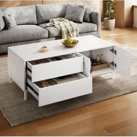 Tavolino basso rettangolare 100 x 50 x 39,5 cm con vani, 2 cassetti, 2 ante, bianco HAVRYA (1/5)
