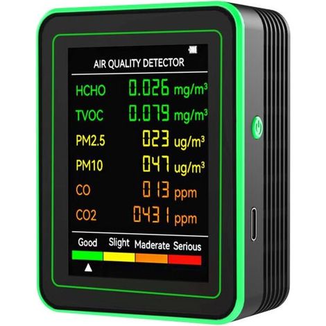 Moniteur de qualité de l'air 6 en 1, détecteur multifonctionnel pour PM2,5, PM10, CO, CO2, HCHO et TVOC (1/4)