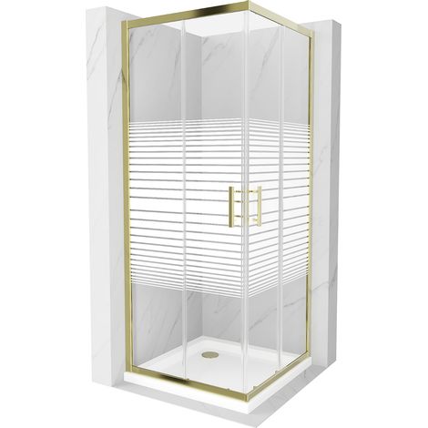 Mexen Rio quadratische Duschkabine 90 x 90 cm, Gestreift, Gold + Duschwanne Flat, Weiß - 860-090-090