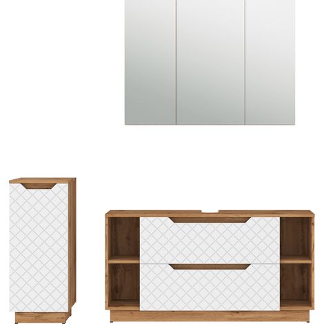 Conjunto de muebles de baño de 3 piezas Lotta, Roble/blanco con estructura de azulejos, 3 partes, Vicco (1/5)