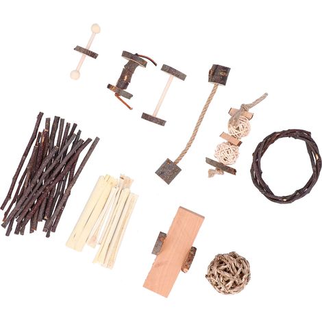 Lot de 10 jouets à mâcher en bois pour perroquets et hamsters, blocs à suspendre pour jouer. (1/5)