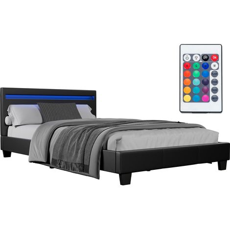 Juskys Polsterbett Paris – Bettgestell mit LED-Beleuchtung, Lattenrost & Kopfteil – Bett aus Holz & Kunstleder – Jugendbett 120 x 200 cm in Schwarz (1/5)