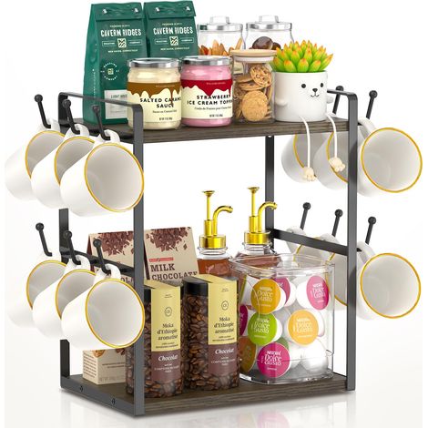 Organiseur de bar à café à 2 niveaux pour la maison, le bureau, support de tasses multifonctionnel, support de présentation, étagère de rangement d'accessoires de station de café avec 12 (1/5)