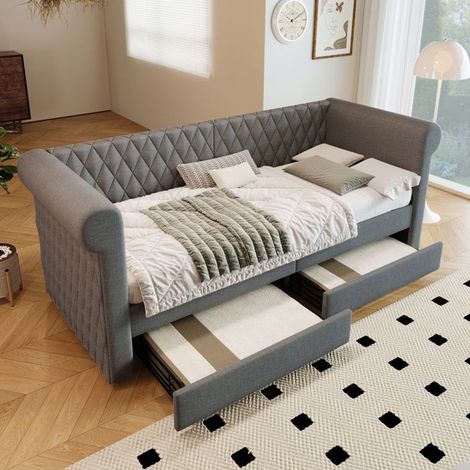 Canapé-Lit 90 x 200 cm tête de lit vintage 2 tiroirs de rangement structure en bois lin gris (1/5)