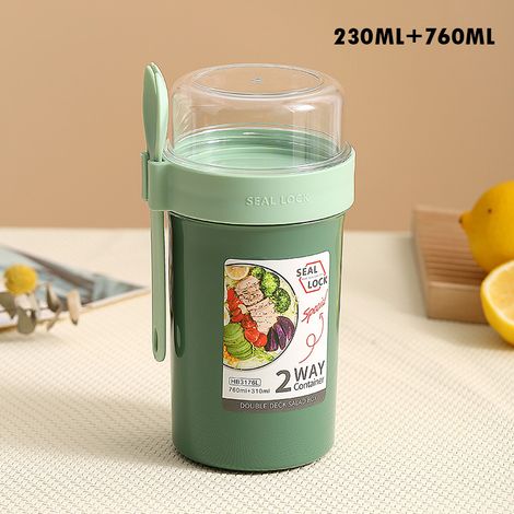 Frühstück, Haferflocken, Müsli, Nüsse, Joghurt, Salat, wiederverschließbarer Becher, grüner Behälter (1/5)