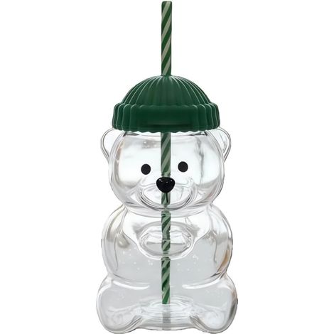 Gobelet en verre à motif ours mignon avec couvercle vert et paille - Verre transparent à motif animal pour boissons froides, café, cocktails et autres boissons (1/5)