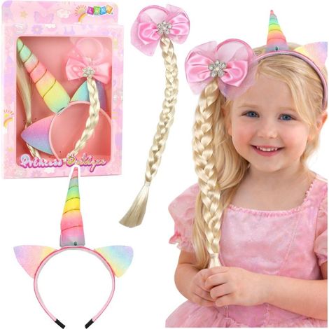Conjunto de diadema de unicornio, banda elástica con trenza y lazo.