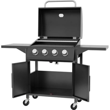 4 Burner Gas BBQ Grill Outdoor 11.6 kW Portable Barbecue Trolley w Warming Rack, Side Shelves, Cabinet (1/5)