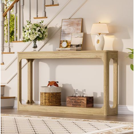 Mesa consola 140x30x80 cm color natural en MDF con 2 niveles de almacenamiento (1/5)