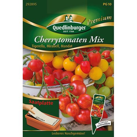 Quedlinburger Saatgut – Tomates cerises mélange – Plaque de semis, graines de légumes, trio Tigerella, Mirabell et Mandat (1/2)