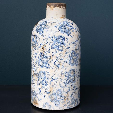 Vase Bouteille Bucolique Fleuri bleu blanc Grès 22x11cm (1/4)