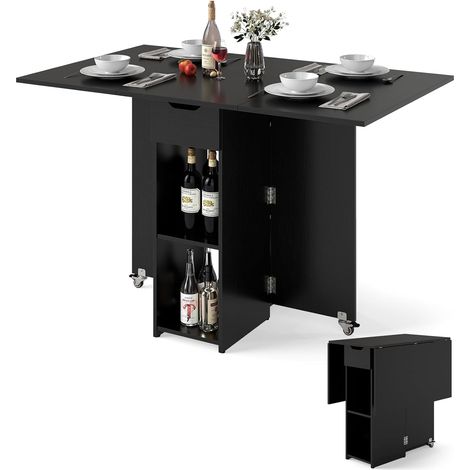 Table Pliante Cuisine, Table Pliante Interieure avec 1 Tiroir et 2 Etagères, Table Extensible pour 4 Personnes, 34-120 x 72 x 75 cm (Noir)