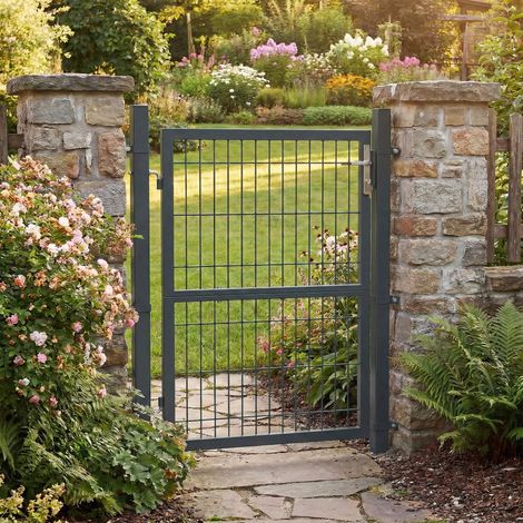 Portillon de Jardin en Acier Galvanisé, Portail Grillagé avec Serrure, pour Extérieur, Tube Rond, Gris (1/5)