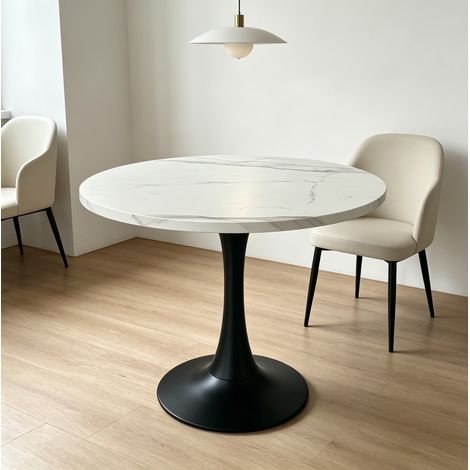 Tavolo rotondo 80 cm bianco e nero in MDF e metallo con base centrale, effetto marmo, compatto (1/5)