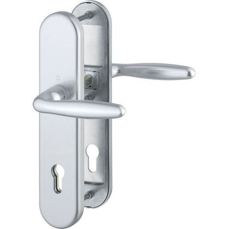 Poignée de porte d'entrée – Norme DIN Distance 92 mm, argent anodisé, cylindre profilé pour épaisseur de porte 67–72 mm, sans protection anti-traction, test : RC2 selon EN 1906, 1 pièce Ferrure de séc (1/2)