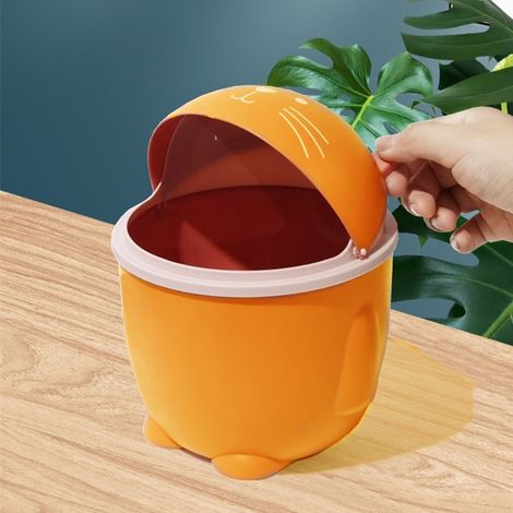 Poubelle de bureau avec couvercle en plastique, mignonne et multifonctionnelle, pour la maison, le bureau ou le comptoir, orange. (1/5)