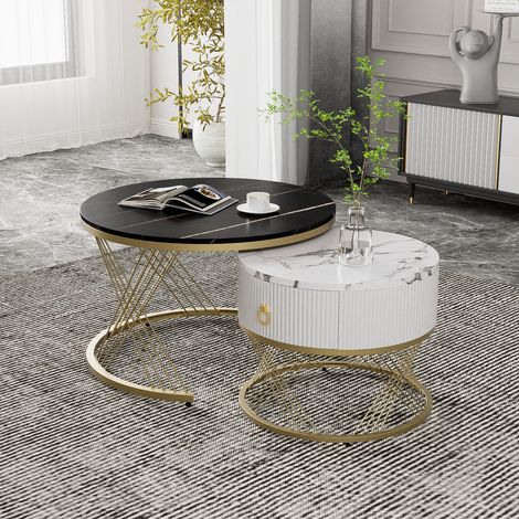 Table basse élégante set de 2 - effet pierre noble avec accents dorés, 2 tiroirs, design modulable pour salon raffiné (1/5)