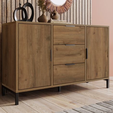 MEUBLIV Commode 120 x 40 x 76 cm chêne foncé – 2 portes, 3 tiroirs, rangement (1/5)