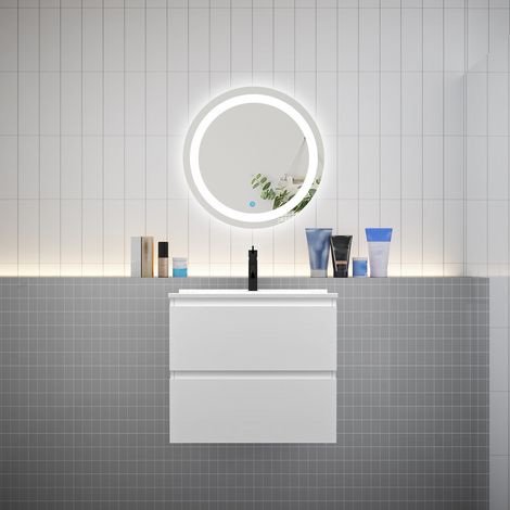 Ensemble L.60cm meuble vasque 2 tiroirs + lavabo + LED miroir rond 60cm,blanc (1/5)