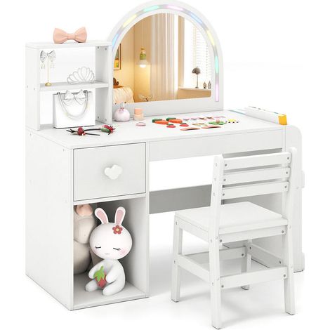 Rangement pratique pour chambre d'enfant : coiffeuse enfant avec tiroir, étagères et miroir lumineux (1/5)
