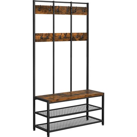Porte-manteaux avec banc à chaussures 100 x 40 x 184 cm capacité 90 kg style industriel déco entrée en aggloméré brun (1/2)